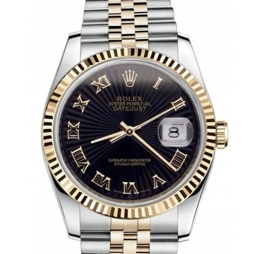 Rolex Datejust Men Sunbeam Black Roman Yellow Gold Stainless Steel Jubilee