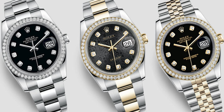 Rolex Datejust 36 black diamond set dial and diamond bezel white and yellow gold