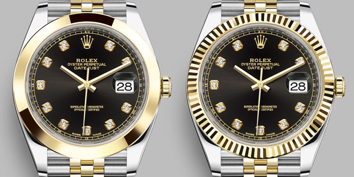 Rolex Datejust 41 black dial yellow-gold two tone smooth vs fluted bezel