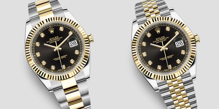 Rolex Datejust 41mm black diamond dial yellow gold fluted bezel oyster vs jubilee bracelet