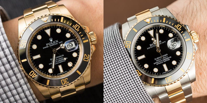 Rolex Submariner black dial full yellow gold vs two-tone gold-steel