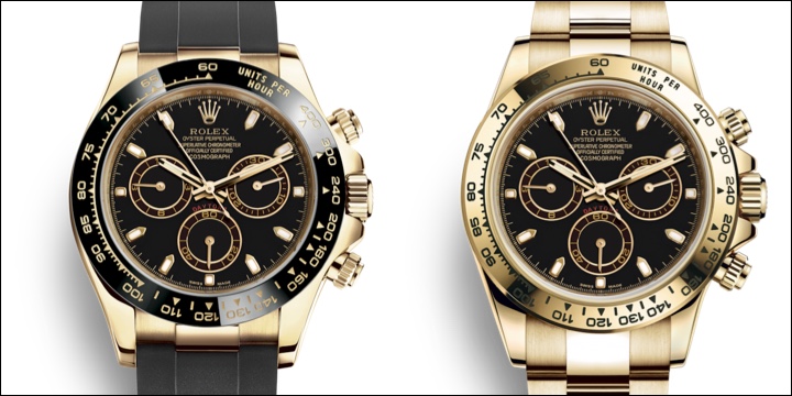 Yellow Gold Rolex Daytona Black Face Dial: Ceramic Bezel & Rubber Strap vs. Yellow Gold Bezel & Gold Oyster Bracelet