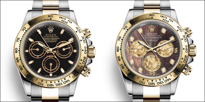 Yellow Gold & Steel Rolex Daytona Black Dial Index hour markers vs Dark Mother Of Pearl Dial Diamond Hour Markers, Yellow Gold Bezel, Gold & Steel Oyster Bracelet Review Comparison