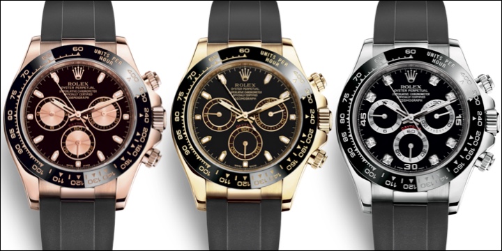 Yellow vs White vs Rose Gold Rolex Daytona Black Dial & Bezel Rubber Strap Comparison