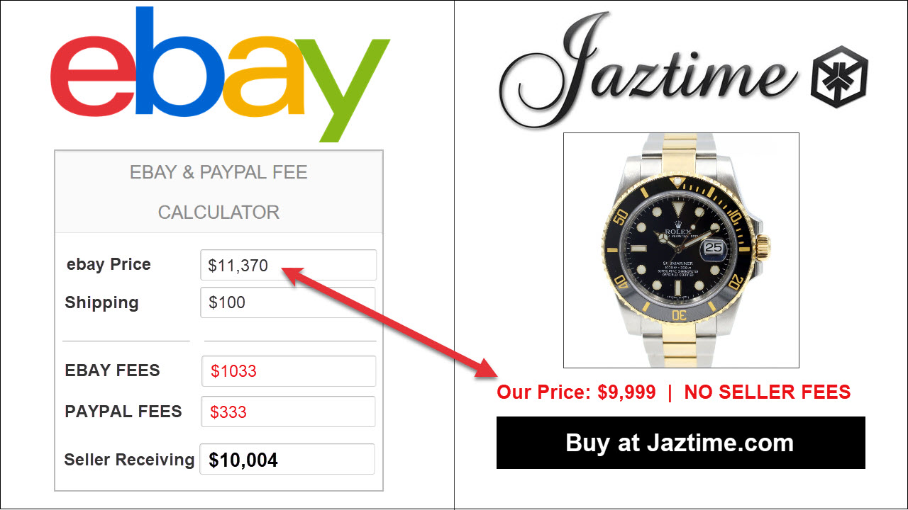 Rolex Luxury Watch ebay fees example, compared to direct buying from rolex online dealer