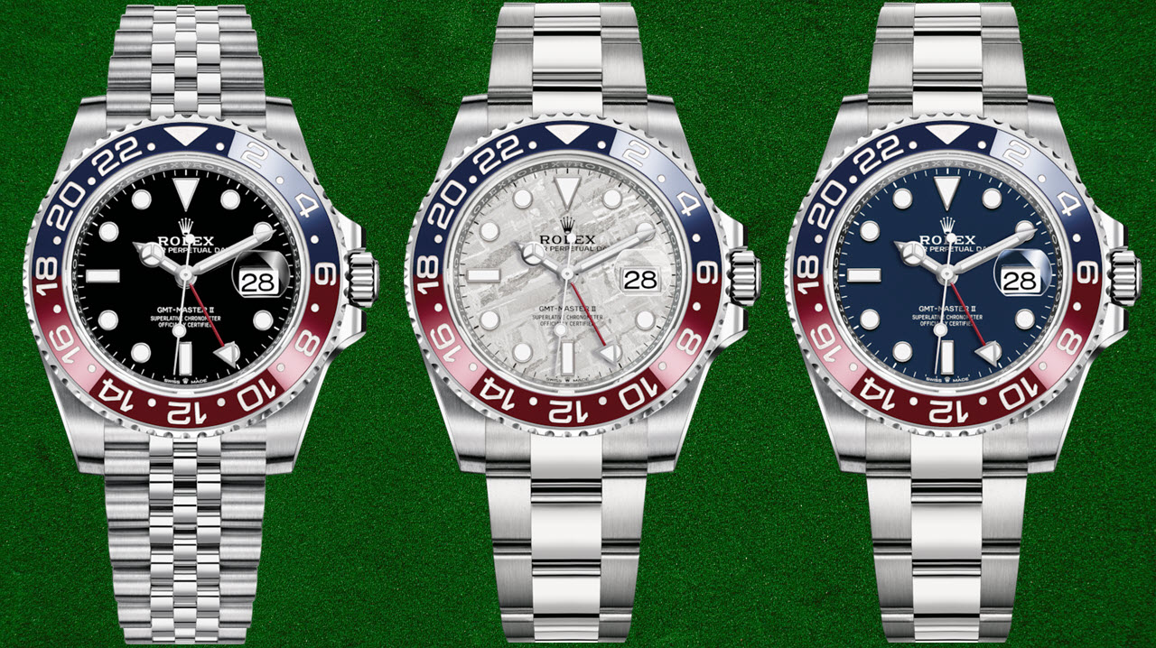 Rolex GMT-Master II blue-red bezel 'Pepsi': steel jubilee black dial vs white gold oyster Meteorite Dial vs white gold oyster & blue dial