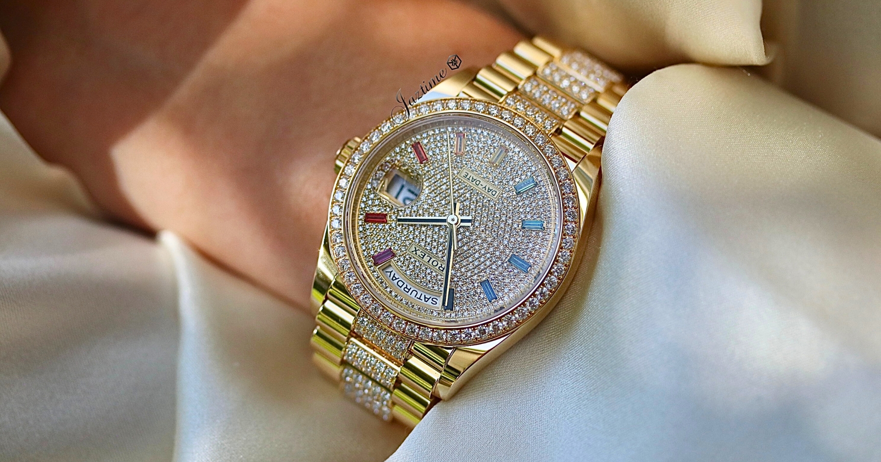 Rainbow Dial Rolex Day-Date 36 Yellow Gold Diamond Paved Rainbow Colored Sapphires Dial & Diamond Bezel Diamond Set President Bracelet-on-wrist-Jaztime Blog