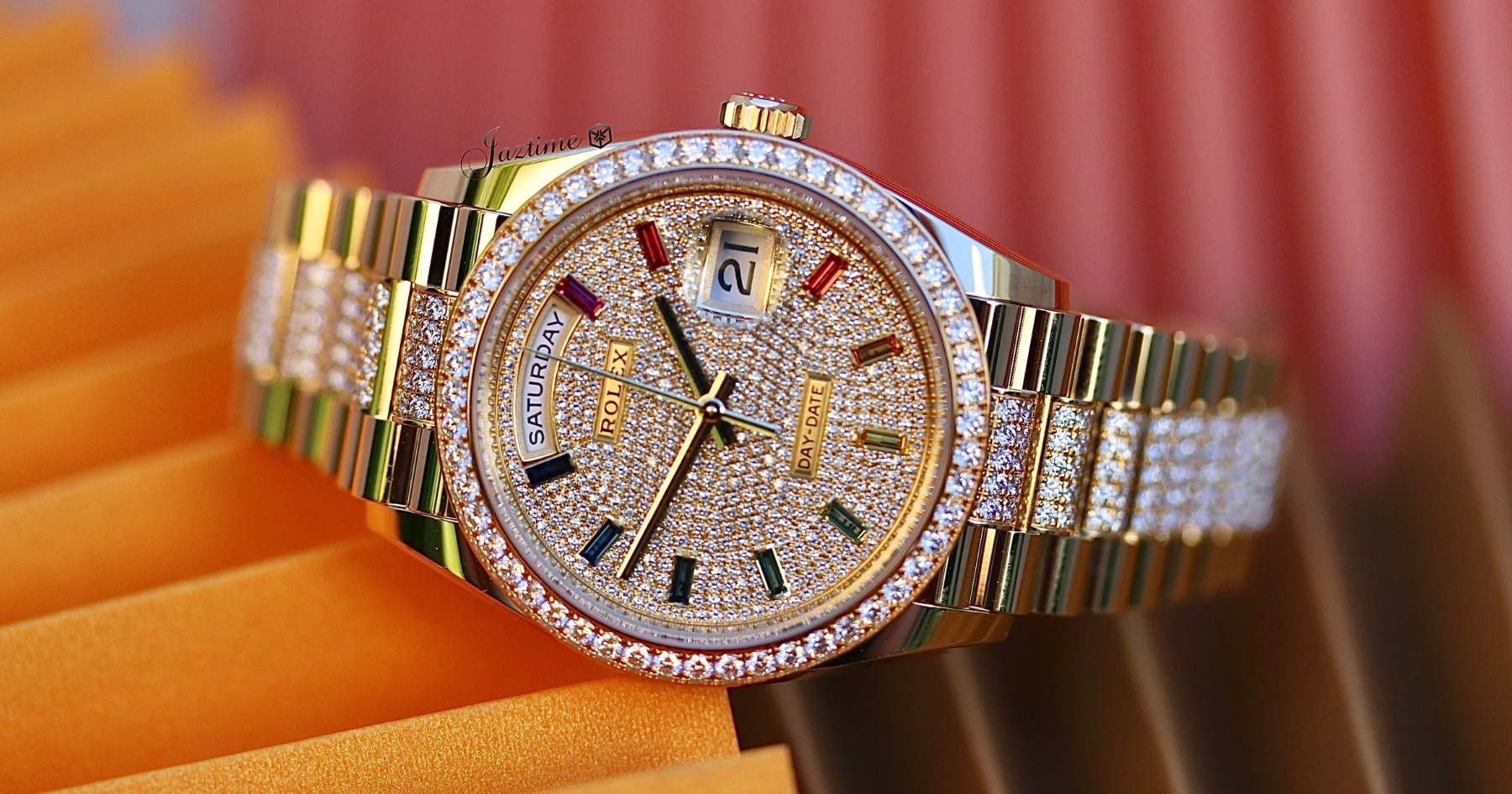 Rolex Day-Date 36 Yellow Gold Diamond Paved Rainbow Colored Sapphires Dial & Diamond Bezel Diamond Set President Bracelet 128348RBR-Jaztime Blog