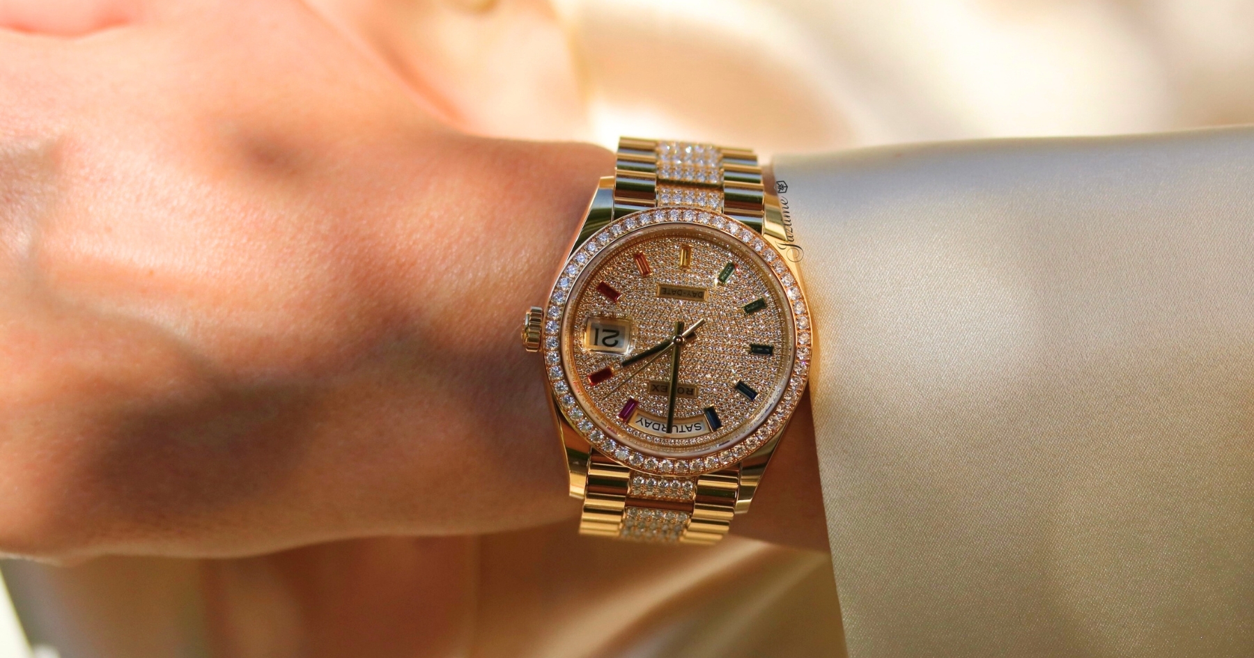 Rolex Day-Date 36 Yellow Gold Diamond Paved Rainbow Colored Sapphires Dial & Diamond Bezel Diamond Set President Bracelet On-wrist-Jaztime Blog copy