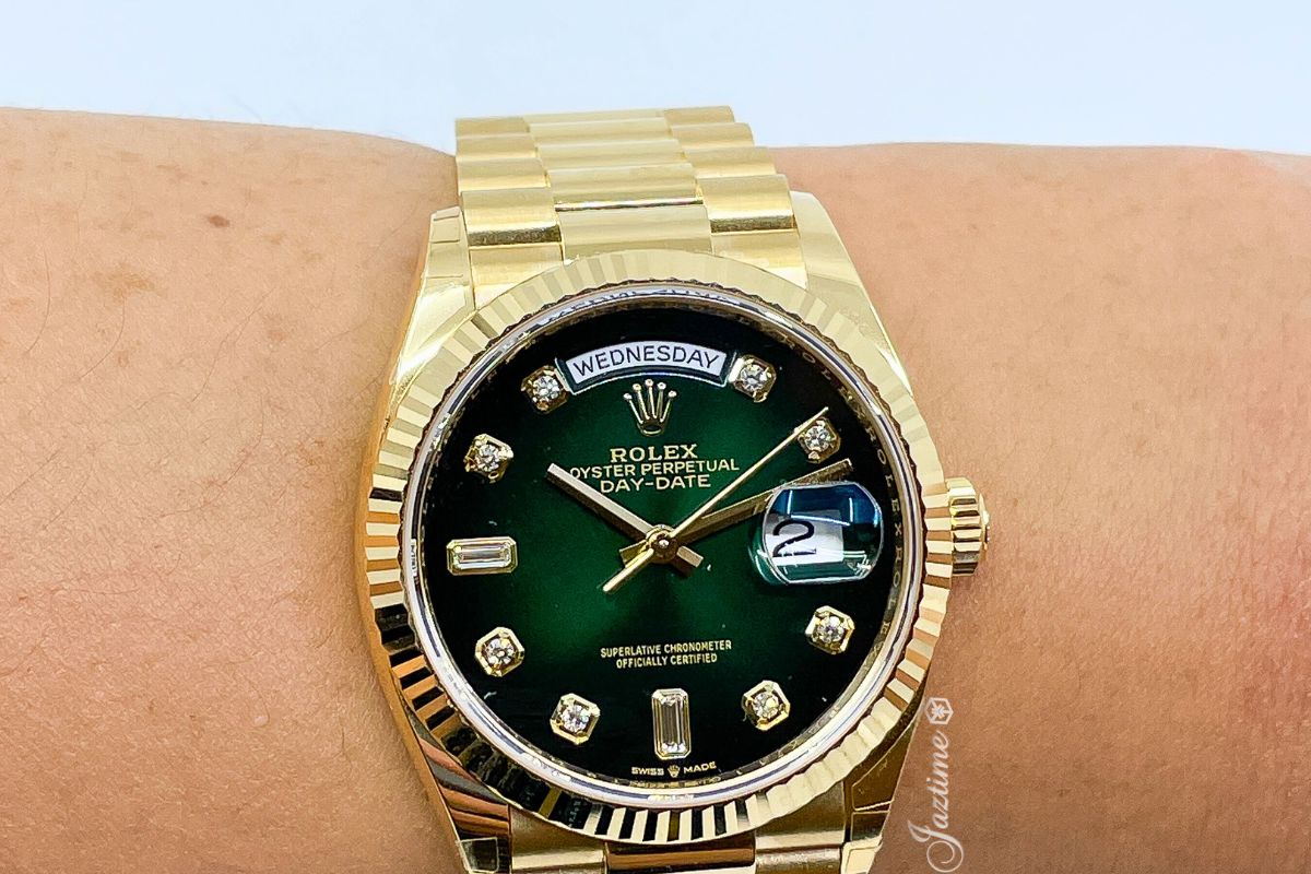 Rolex Day-Date 36 President Yellow Gold Green Ombre Diamond Dial 128238 - Jaztime Blog - New & Used Luxury Watches - Orange County - CA - Jaztime Blog