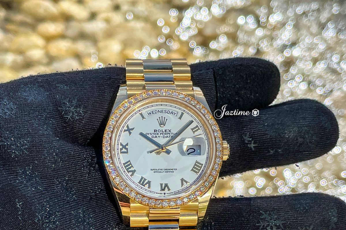 Rolex Day-Date 36 President Yellow Gold White Roman Dial Diamond Bezel 128348RBR - Jaztime Blog - New & Used Luxury Watches - Orange County - CA - Jaztime Blog (1)
