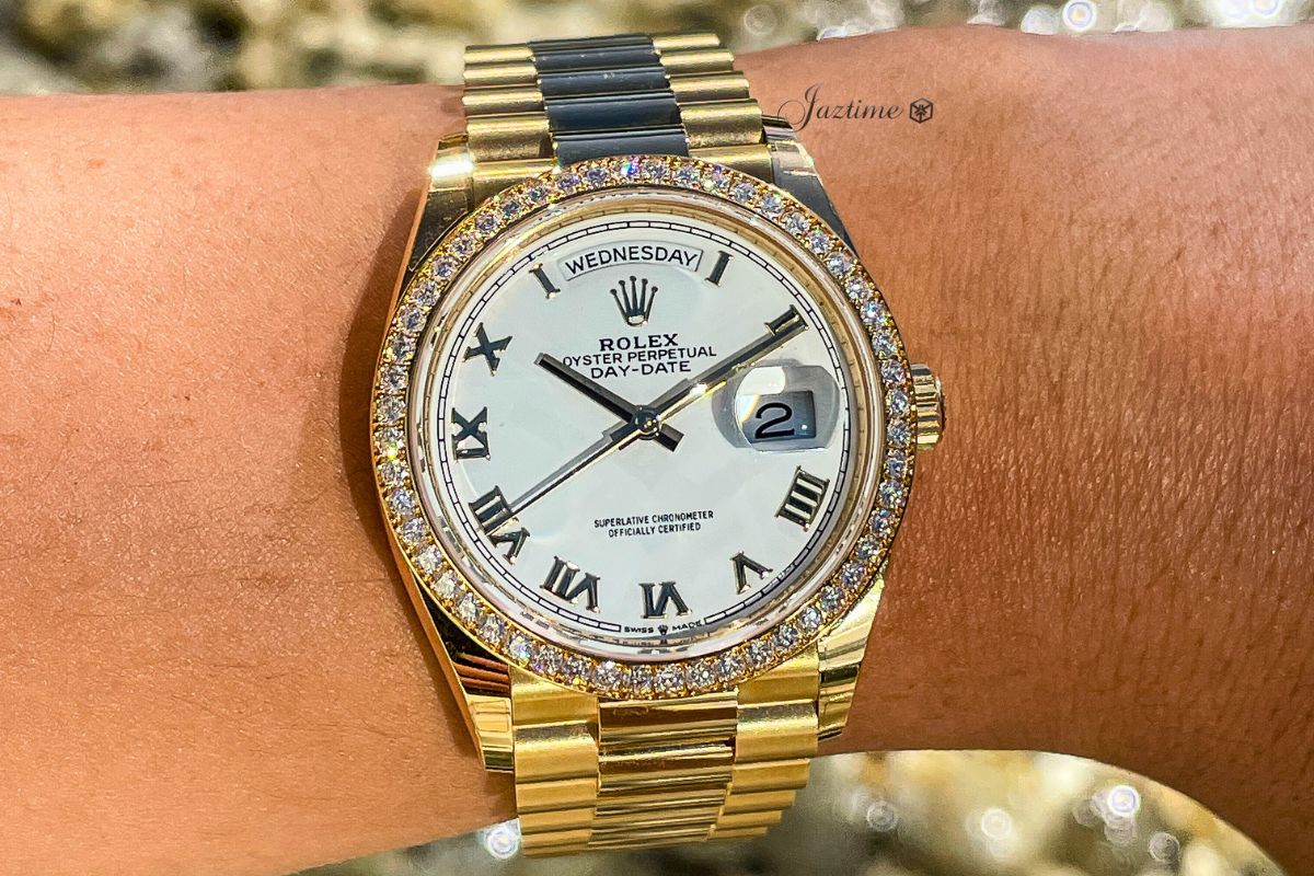 Rolex Day-Date 36 President Yellow Gold White Roman Dial Diamond Bezel 128348RBR - Jaztime Blog - New & Used Luxury Watches - Orange County - CA - Jaztime Blog (2)