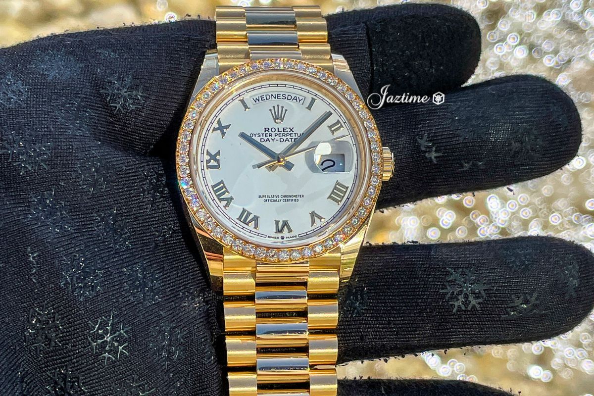 Rolex Day-Date 36 President Yellow Gold White Roman Dial Diamond Bezel 128348RBR - Jaztime Blog - New & Used Luxury Watches - Orange County - CA - Jaztime Blog