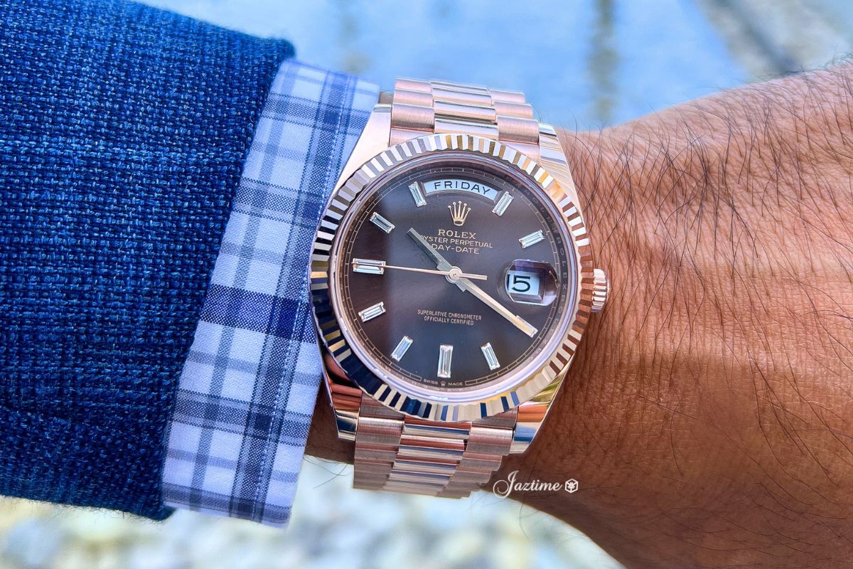 Rolex Day-Date 40 President Rose Gold Chocolate Diamond Dial 228235 - Jaztime Blog - New & Used Luxury Watches - Orange County - CA - Jaztime Blog 2