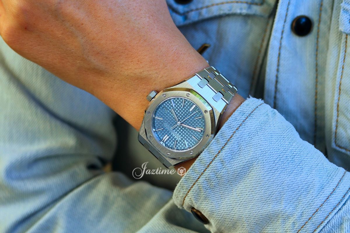 Wearing the Audemars Piguet Royal Oak 37mm Stainless Steel Light Blue Dial 15550ST.OO.1356ST.08 - Jaztime Blog - New & Used Luxury Watches - Orange County - CA - Jaztime Blog