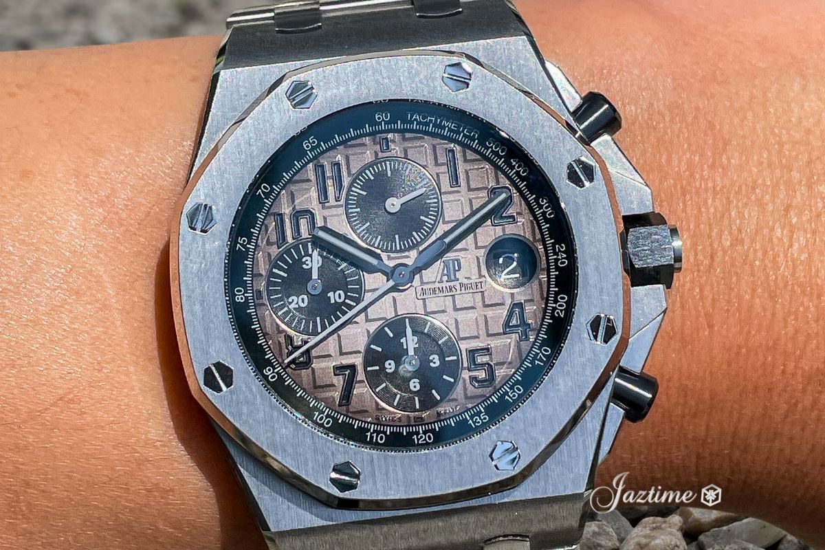 On my wrist the Audemars Piguet Royal Oak Brick Offshore Chronograph Platinum 42mm Gray Arabic Dial Bracelet 26470PT.OO.1000PT.01 - Jaztime Blog - New & Used Luxury Watches - Orange County - CA - Jaztime Blog