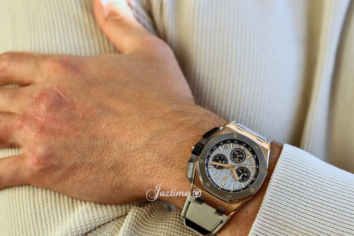 Wearing the Audemars Piguet Royal Oak Offshore Chronograph 43mm Pink Rose Gold Titanium Bezel Grey Dial 26420OI.OO.A015VE.01 - Jaztime Blog - New & Used Luxury Watches - Orange County - CA - Jaztime Blog