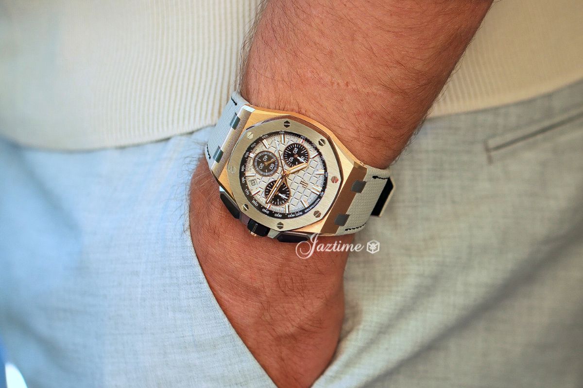 On my wrist: Audemars Piguet Royal Oak Offshore Chronograph 43mm Pink Rose Gold Titanium Bezel Grey Dial 26420OI.OO.A015VE.01 - Jaztime Blog - New & Used Luxury Watches - Orange County - CA - Jaztime Blog