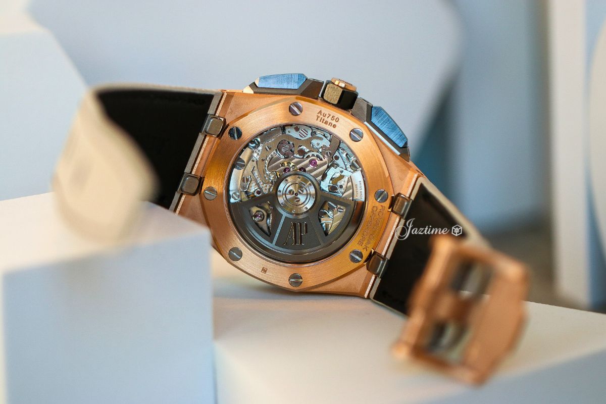 The back of the Audemars Piguet Royal Oak Offshore Chronograph 43mm Pink Rose Gold Titanium Bezel Grey Dial 26420OI.OO.A015VE.01 - Jaztime Blog - New & Used Luxury Watches - Orange County - CA - Jaztime Blog