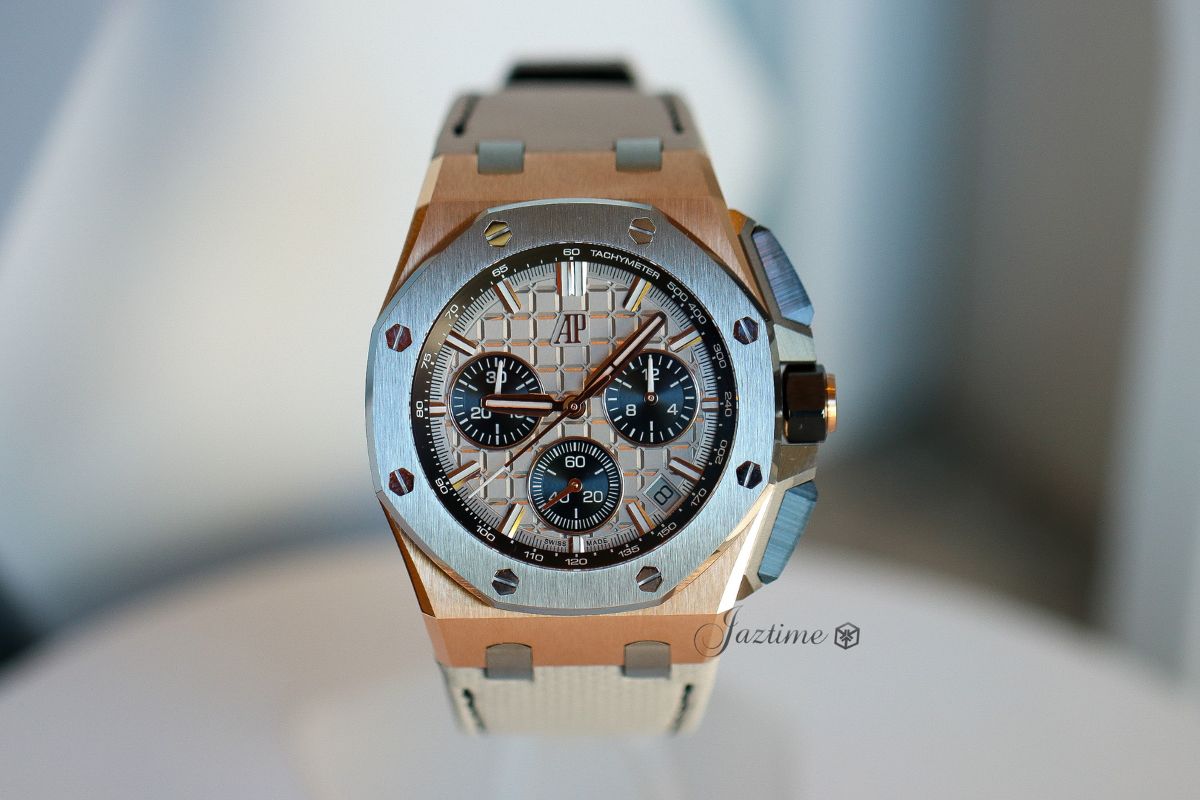 Audemars Piguet Royal Oak Offshore Chronograph 43mm Pink Rose Gold Titanium Bezel Grey Dial 26420OI.OO.A015VE.01 - Jaztime Blog - New & Used Luxury Watches - Orange County - CA