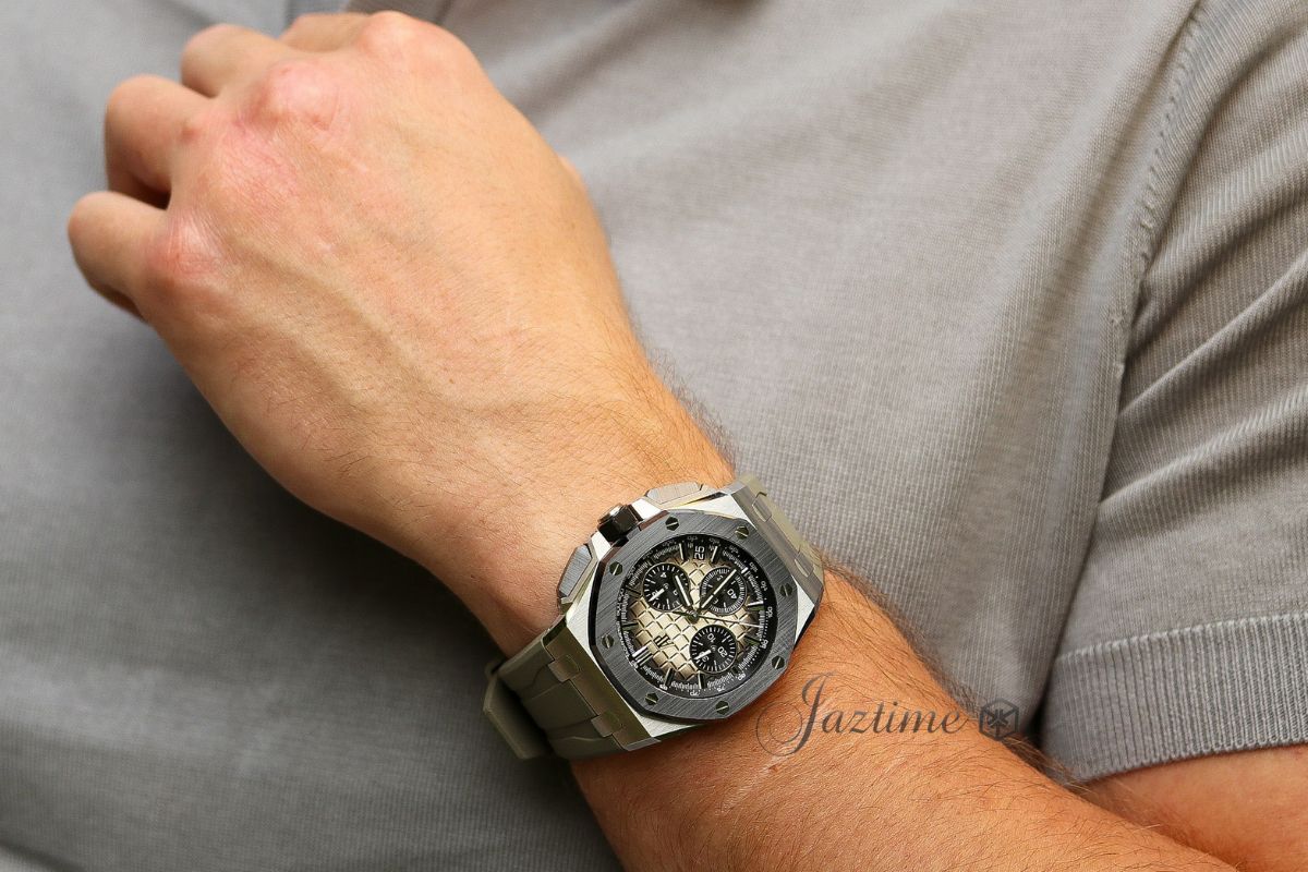 On my wrist the Audemars Piguet Royal Oak Offshore Chronograph 43mm Stainless Steel Ceramic Taupe Brown Dial 26420SO.OO.A600CA.01 - Jaztime Blog - New & Used Luxury Watches - Orange County - CA - Jaztime Blog