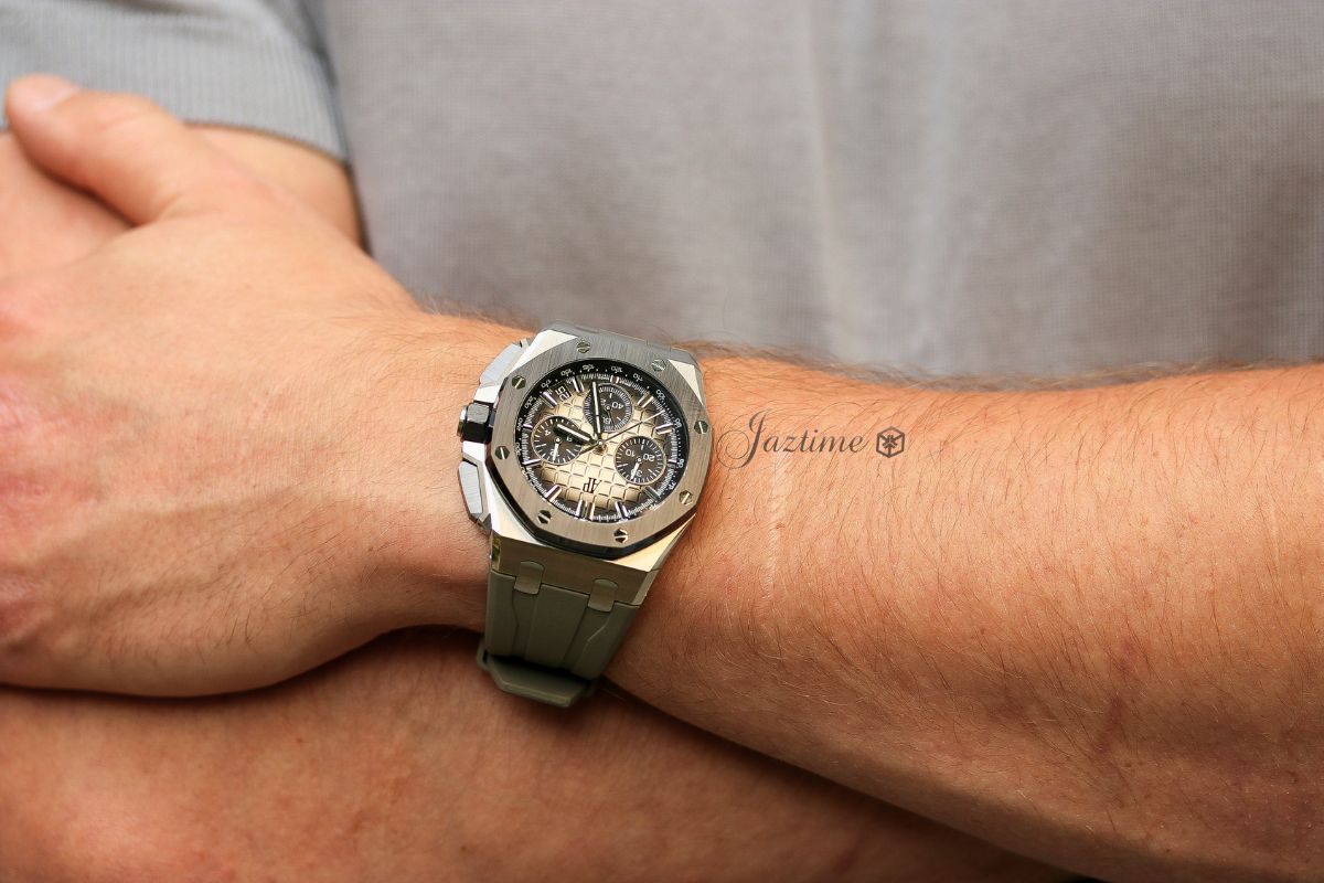 Wearing the Audemars Piguet Royal Oak Offshore Chronograph 43mm Stainless Steel Ceramic Taupe Brown Dial 26420SO.OO.A600CA.01 - Jaztime Blog - New & Used Luxury Watches - Orange County - CA - Jaztime Blog