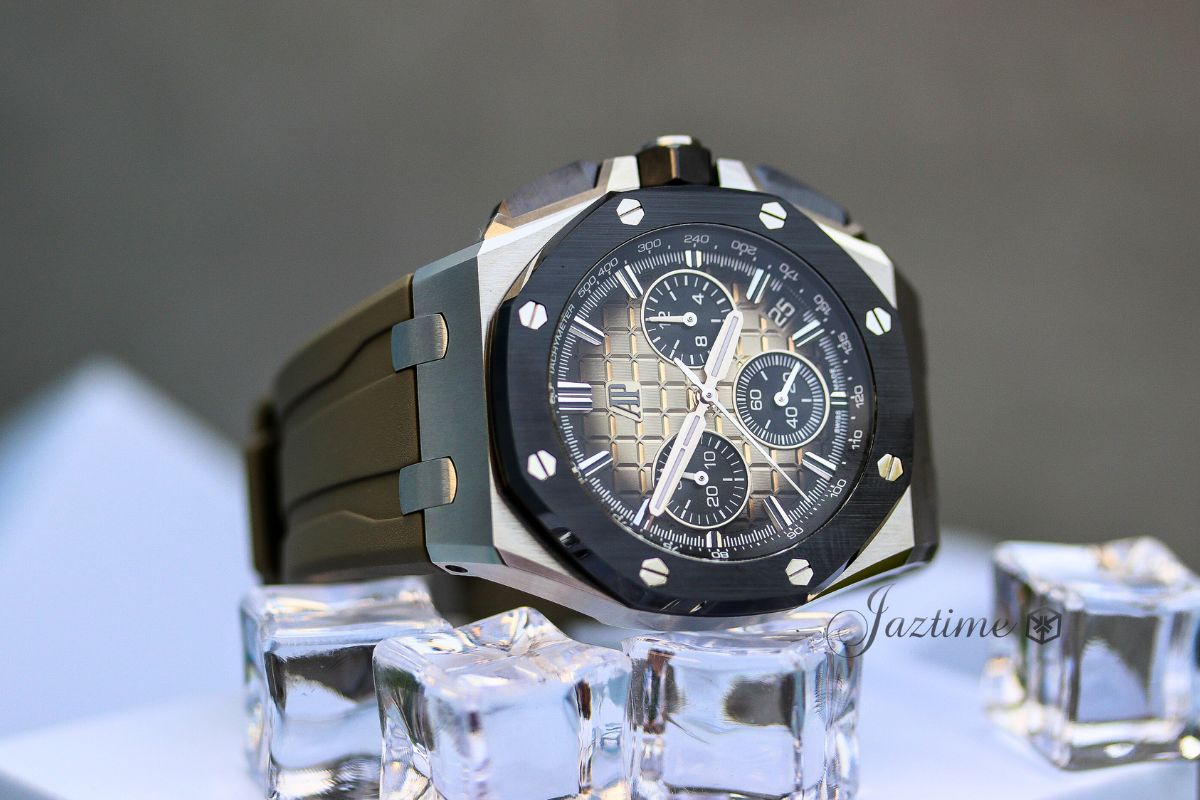 On display the Audemars Piguet Royal Oak Offshore Chronograph 43mm Stainless Steel Ceramic Taupe Brown Dial 26420SO.OO.A600CA.01 - Jaztime Blog - New & Used Luxury Watches - Orange County - CA