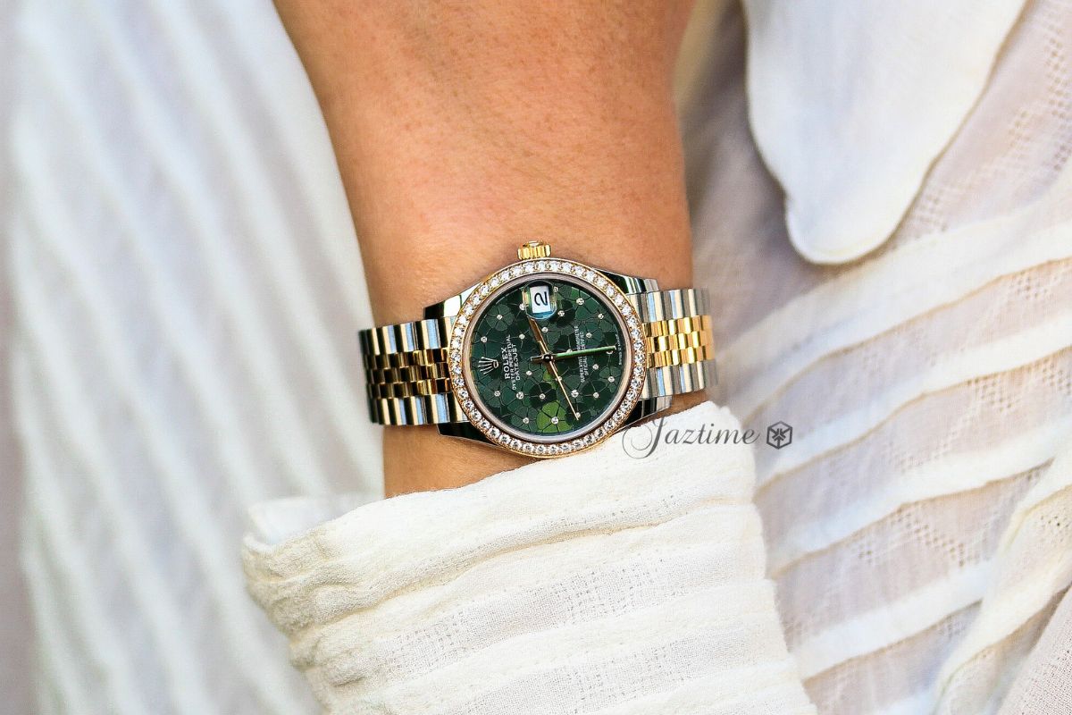 On my wrist: the Rolex Datejust 31 Yellow GoldSteel Olive Green Floral Motif Dial & Diamond Bezel Jubilee Bracelet 278383RBR - Jaztime Blog - New & Used Luxury Watches - Orange County - CA - Jaztime Blog