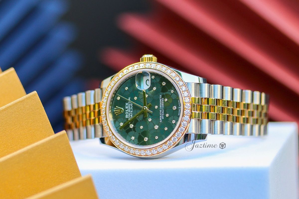 It's a Rolex Datejust 31 Yellow GoldSteel Olive Green Floral Motif Dial & Diamond Bezel Jubilee Bracelet 278383RBR - Jaztime Blog - New & Used Luxury Watches - Orange County - CA - Jaztime Blog