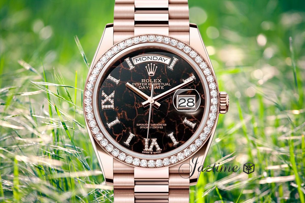 On display: Rolex Day-Date 36 President Rose Gold Eisenkiesel Dial & Diamond Bezel 128345RBR - Jaztime Blog - New & Used Luxury Watches - Orange County - CA - Jaztime Blog 1