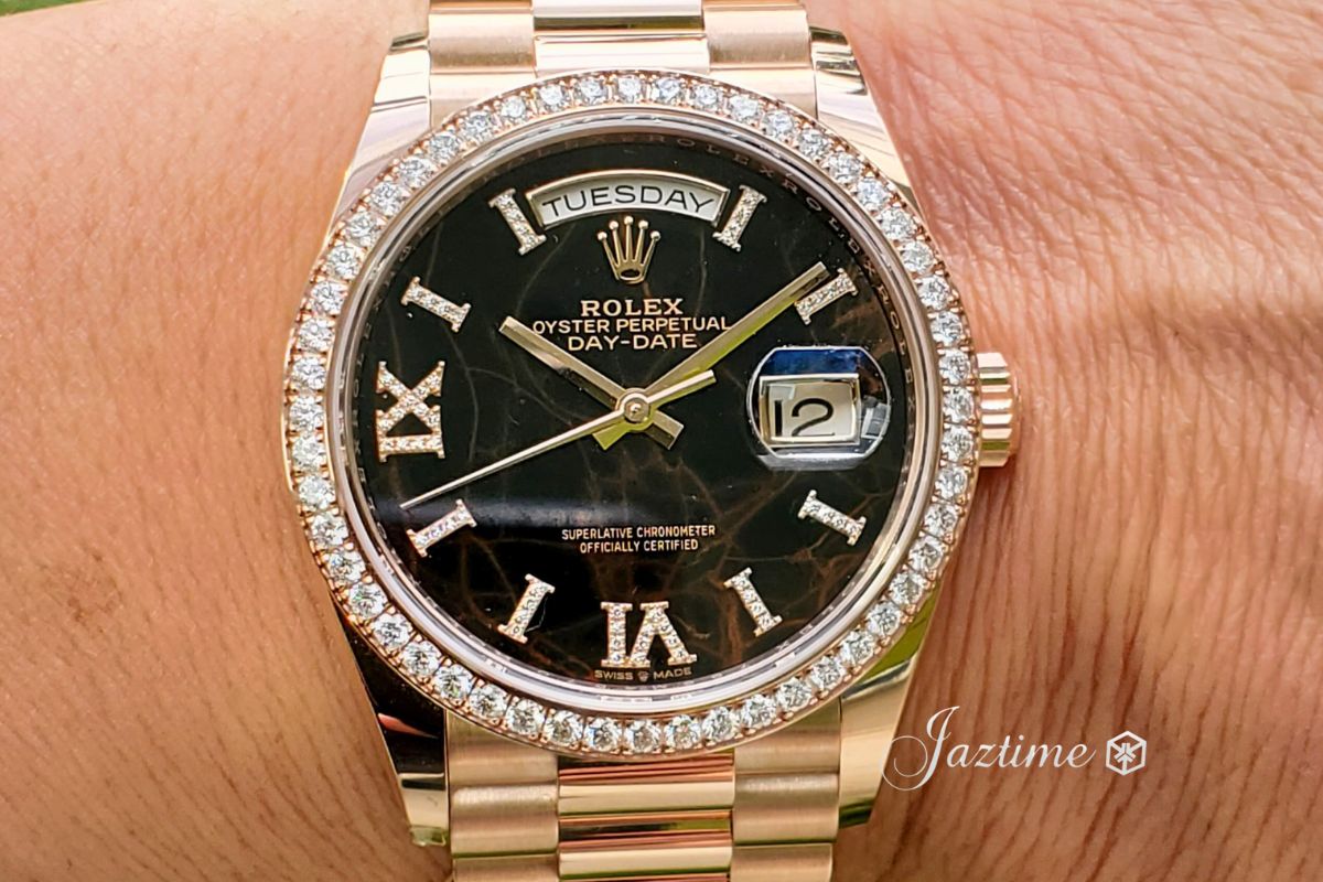 On my wrist with the Rolex Day-Date 36 President Rose Gold Eisenkiesel Dial & Diamond Bezel 128345RBR - Jaztime Blog - New & Used Luxury Watches - Orange County - CA - Jaztime Blog