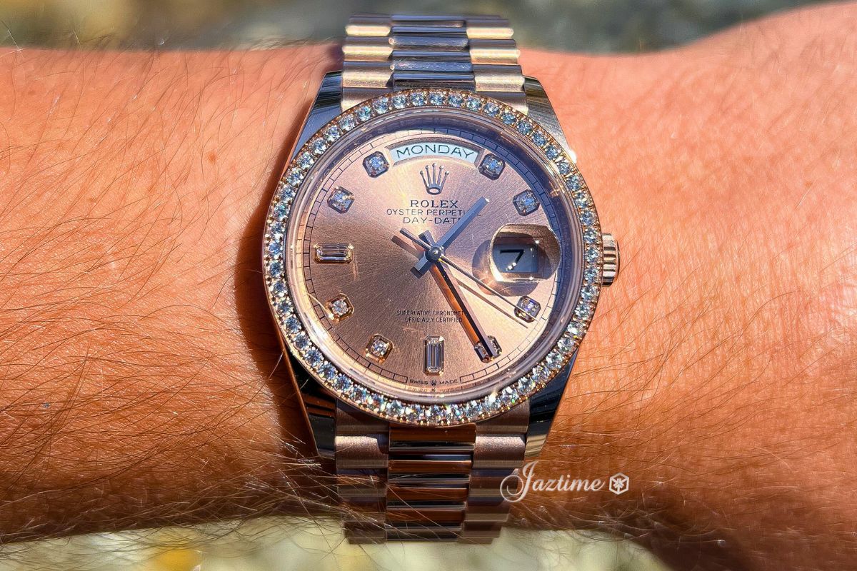 Wearing the Rolex Day-Date 36 President Rose Gold Rose Dial & Diamond Bezel 128345RBR - Jaztime Blog - New & Used Luxury Watches - Orange County - CA - Jaztime Blog