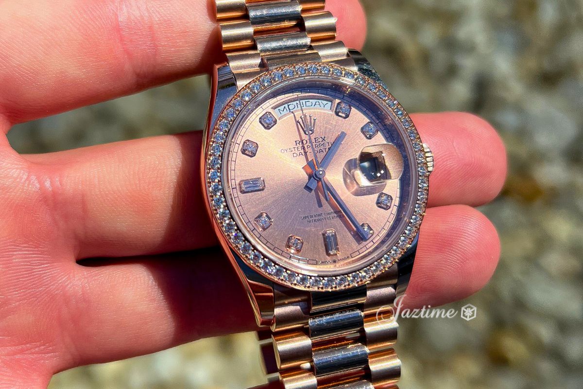 Showing the Rolex Day-Date 36 President Rose Gold Rose Dial & Diamond Bezel 128345RBR - Jaztime Blog - New & Used Luxury Watches - Orange County - CA - Jaztime Blog