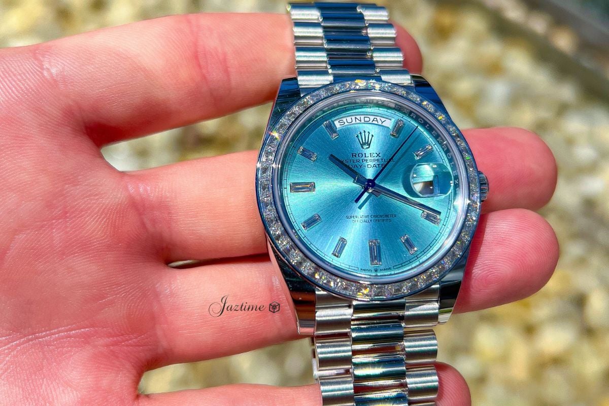 Showing the Rolex Day-Date 40 President Platinum Ice Blue Diamond Dial 228396TBR - Jaztime Blog - New & Used Luxury Watches - Orange County - CA - Jaztime Blog