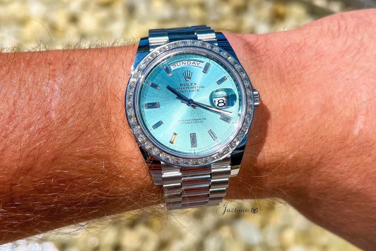 On my wrist: Rolex Day-Date 40 President Platinum Ice Blue Diamond Dial 228396TBR - Jaztime Blog - New & Used Luxury Watches - Orange County - CA - Jaztime Blog