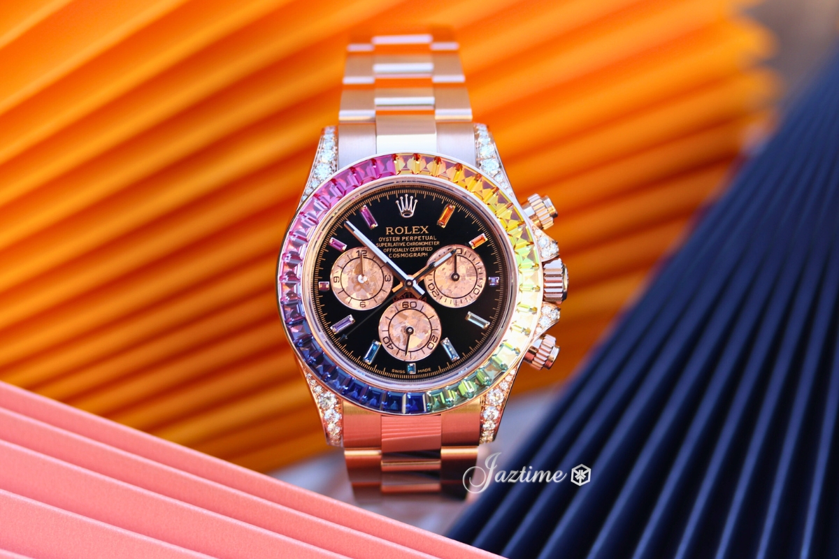 Rolex Daytona Rainbow Rose Gold Sapphire Diamond Gem Set Dial & Bezel - CUSTOM - 116595RBOW116505 on display- Jaztime Blog - New & Used Luxury Watches - Orange County - CA - Jaztime Blog