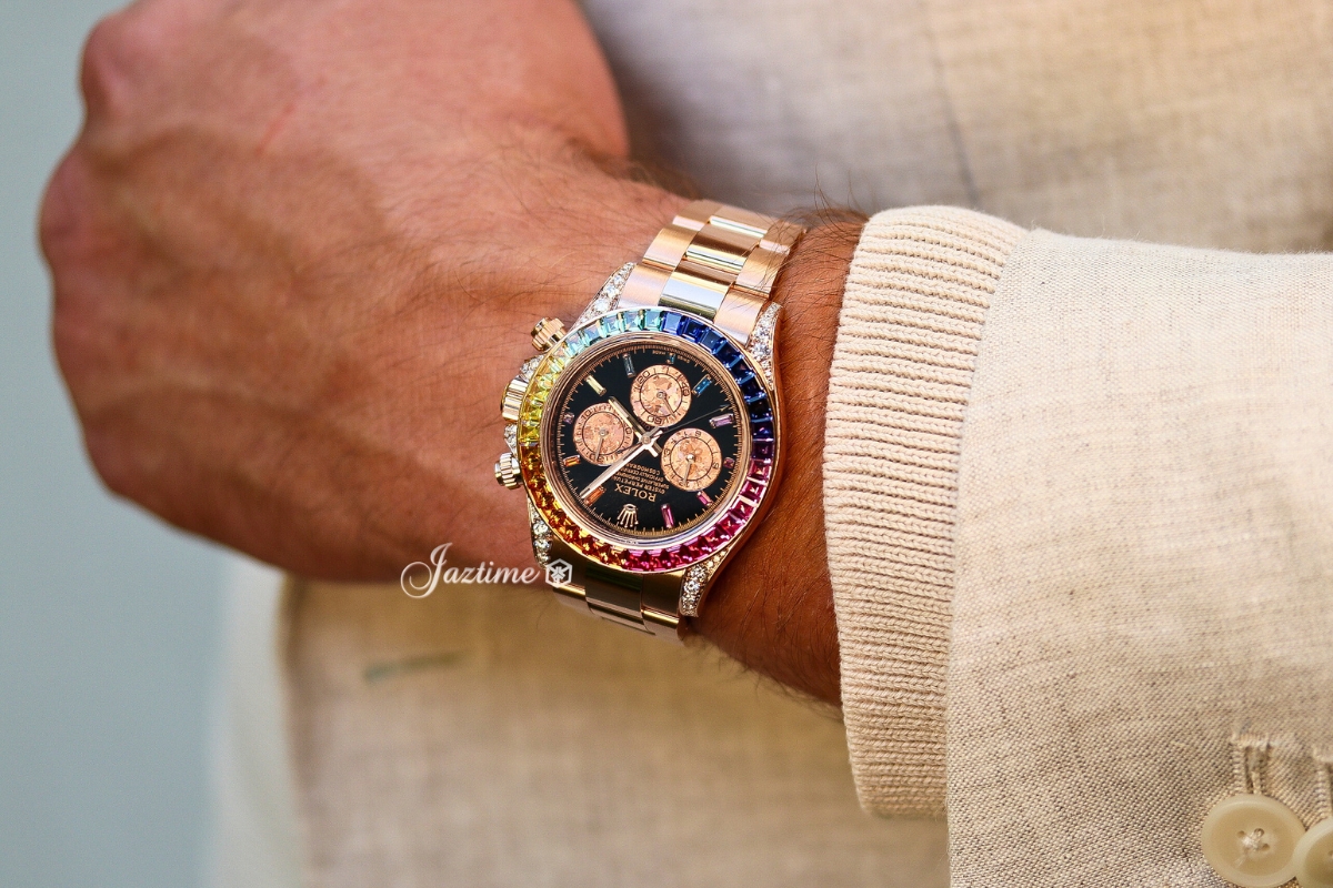 Rolex Daytona Rainbow Rose Gold Sapphire Diamond Gem Set Dial & Bezel - CUSTOM on my wrist - 116595RBOW116505 - Jaztime Blog - New & Used Luxury Watches - Orange County - CA - Jaztime Blog