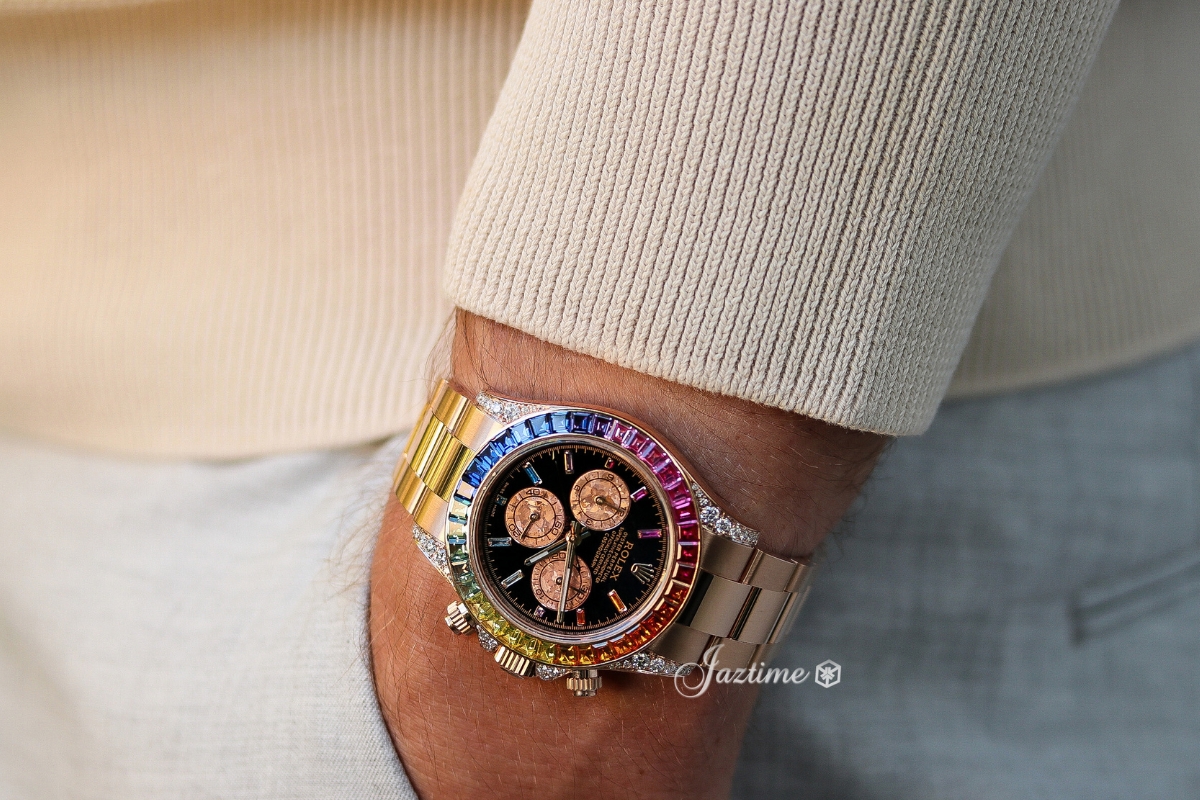 Wearing the Rolex Daytona Rainbow Rose Gold Sapphire Diamond Gem Set Dial & Bezel - CUSTOM - 116595RBOW116505 - Jaztime Blog - New & Used Luxury Watches