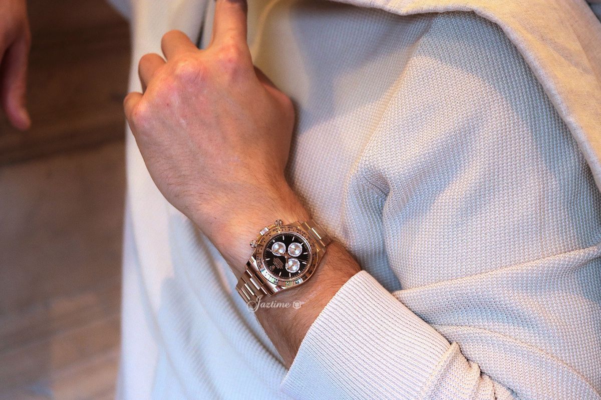 Wearing the Rolex Daytona Rose Gold Bright Black & Sundust Dial Oyster Bracelet 126505 - Jaztime Blog - New & Used Luxury Watches