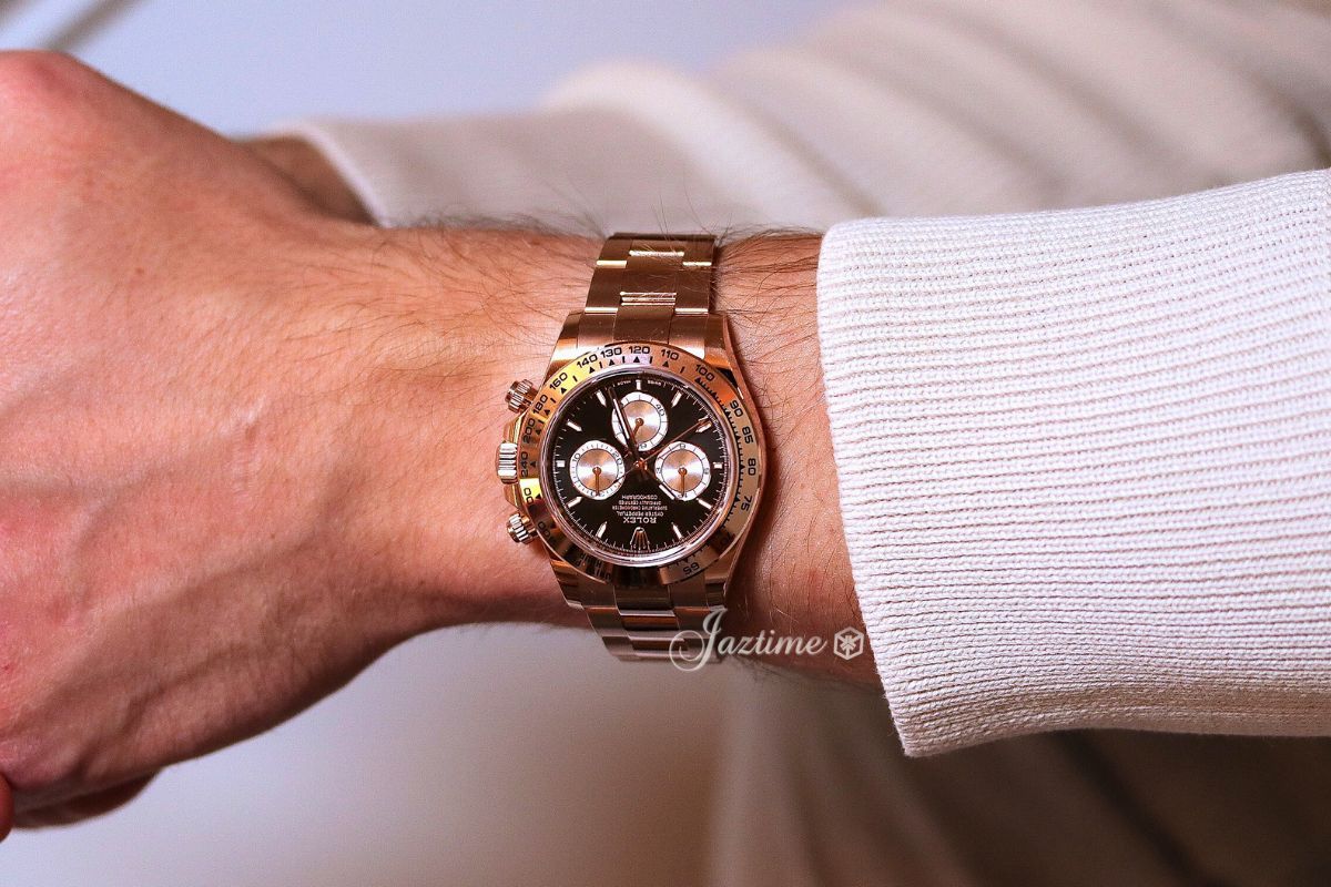 On my wrist: Rolex Daytona Rose Gold Bright Black & Sundust Dial Oyster Bracelet 126505 - Jaztime Blog - New & Used Luxury Watches - Orange County
