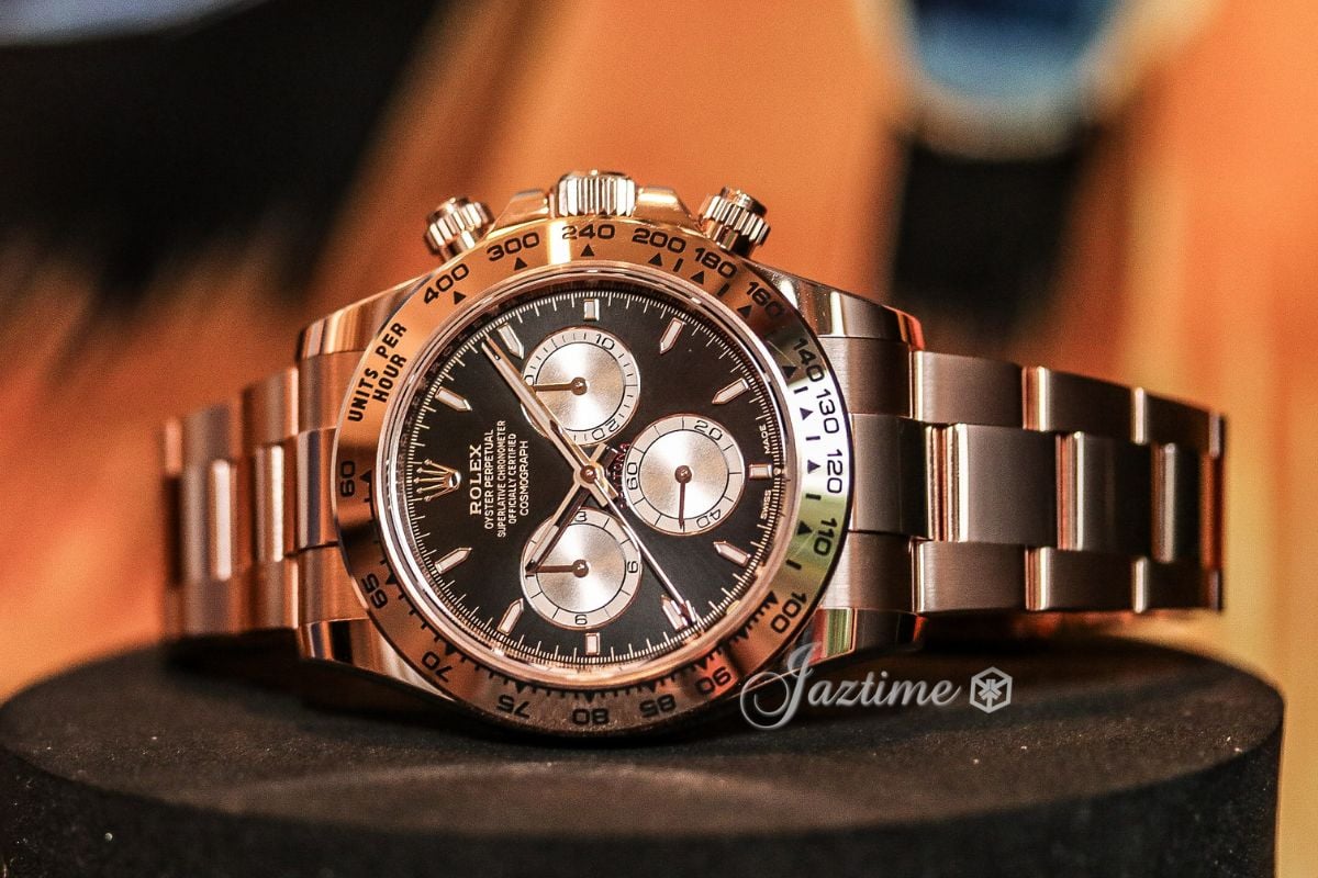 Displaying the Rolex Daytona Rose Gold Bright Black & Sundust Dial Oyster Bracelet 126505 - Jaztime Blog - New & Used Luxury Watches - Orange County - CA - Jaztime Blog