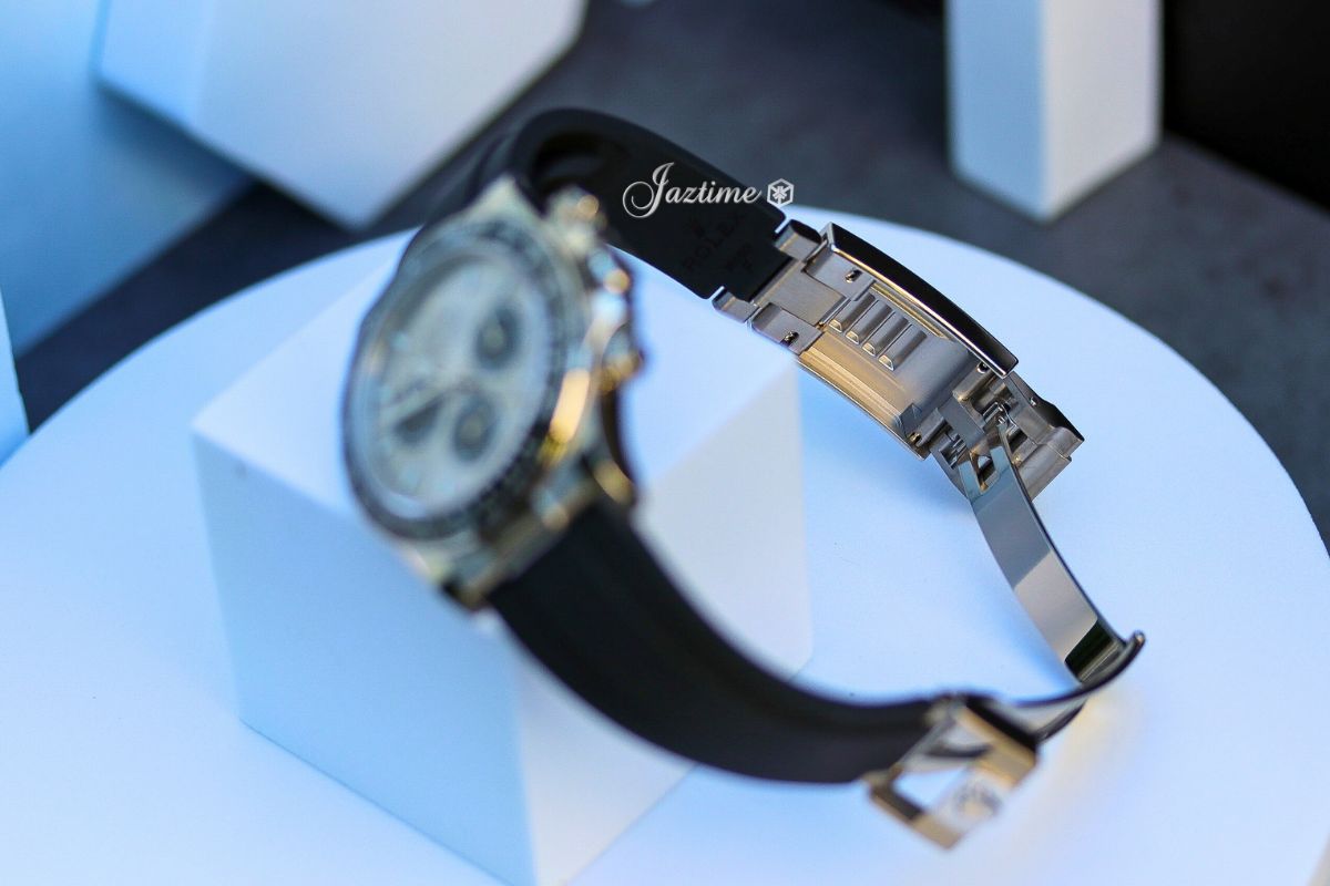The bracelet and clasp of the Rolex Daytona White Gold Steel Dial Oysterflex Rubber Bracelet 126519LN - Jaztime Blog - New & Used Luxury Watches - Orange County - CA - Jaztime Blog