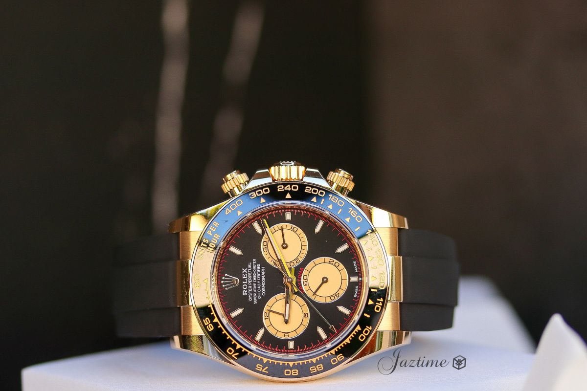 Rolex Daytona Yellow Gold Paul Newman Intense Black Dial Oysterflex Rubber Bracelet 126518LN - Jaztime Blog - New & Used Luxury Watches