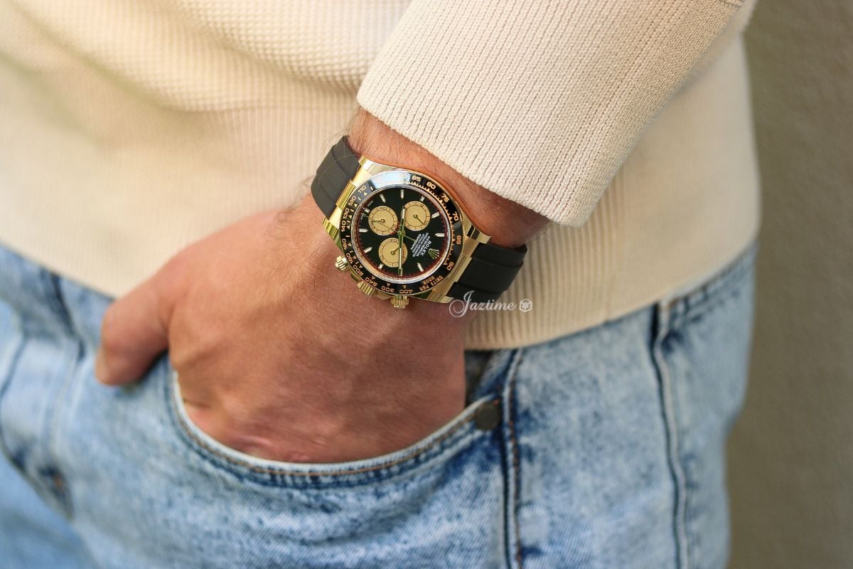Rolex Daytona Yellow Gold Paul Newman Intense Black Dial Oysterflex Rubber Bracelet 126518LN - Jaztime Blog - New & Used Luxury Watches
