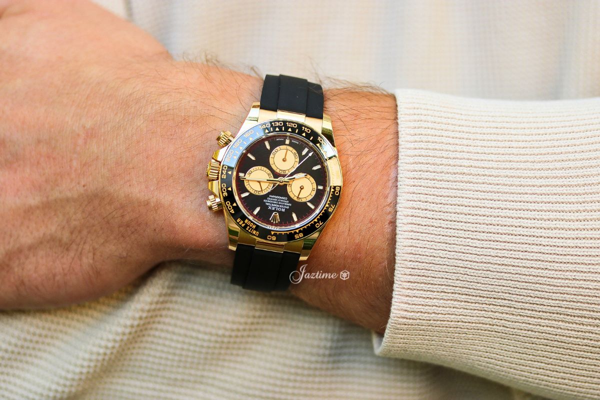 Rolex Daytona Yellow Gold Paul Newman Intense Black Dial Oysterflex Rubber Bracelet 126518LN - Jaztime Blog - New & Used Luxury Watches - Orange County - CA