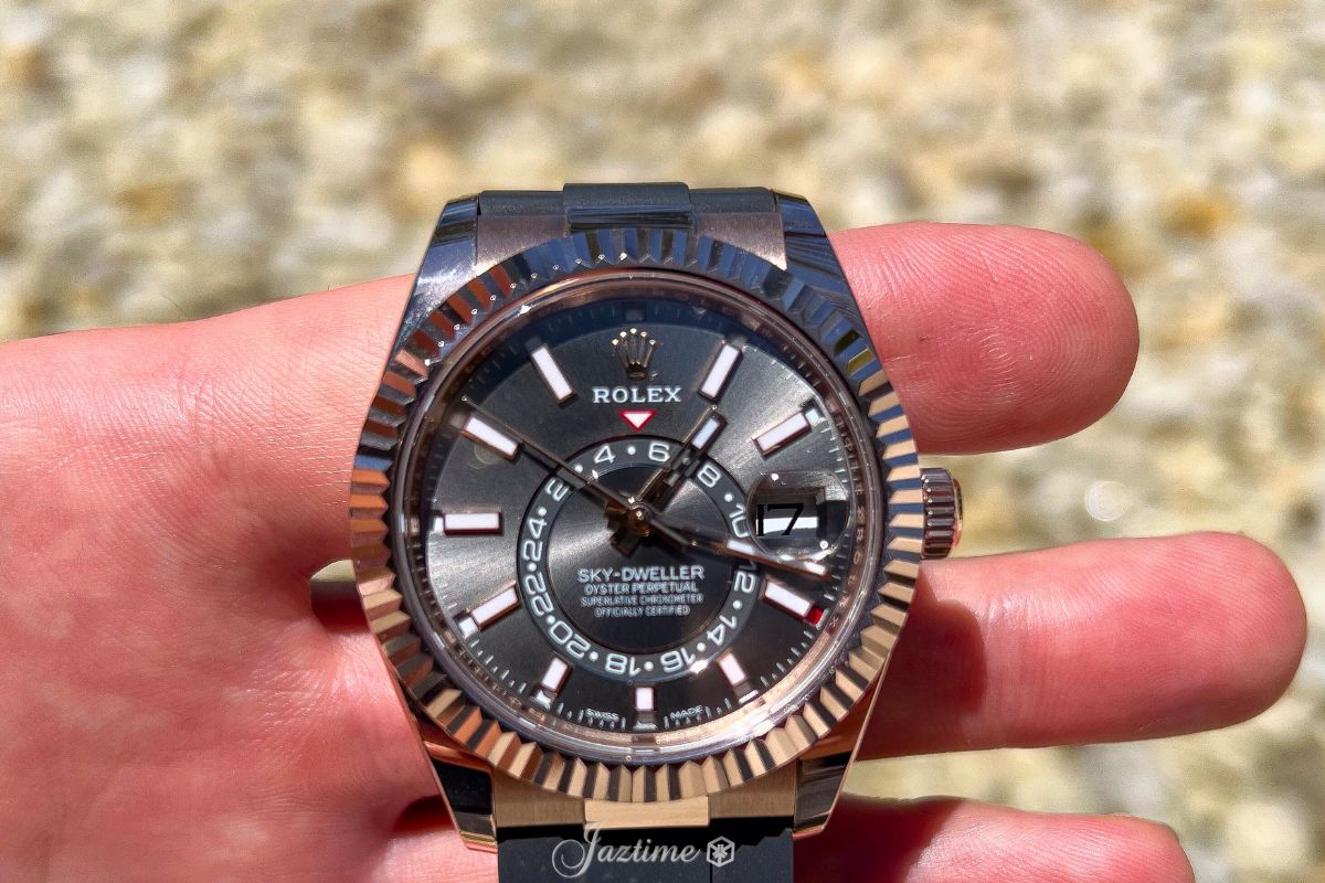 Rolex Sky-Dweller Rose Gold Dark Rhodium Index Dial Oysterflex Rubber Strap 326235 - Jaztime Blog