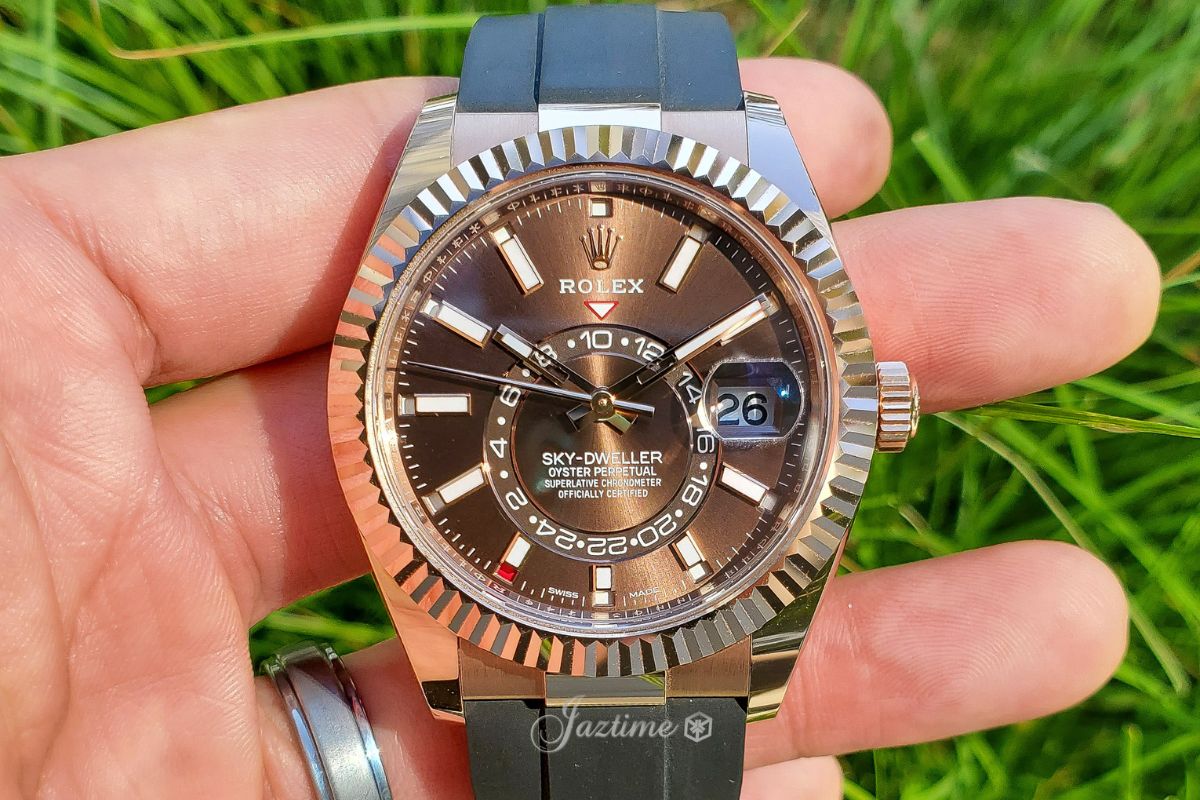 Rolex Sky-Dweller Rose Gold Dark Rhodium Index Dial Oysterflex Rubber Strap 326235