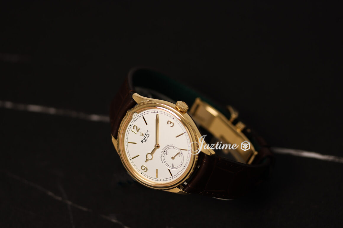 Rolex Perpetual 1908 Yellow Gold White Dial Alligator Leather Strap 52508