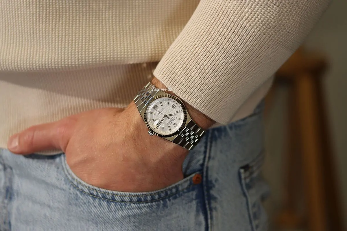Rolex Land-Dweller 36 White Gold Steel Intense White Honeycomb Motif Dial Fluted Bezel 127234