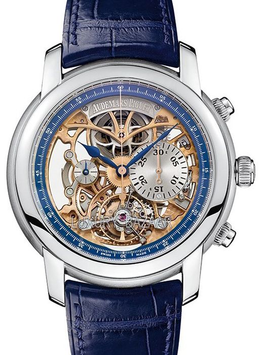 Audemars Piguet 26353PT.OO.D028CR.01 Jules Audemars Tourbillon Chronograph 43mm Blue Openworked Platinum Leather BRAND NEW